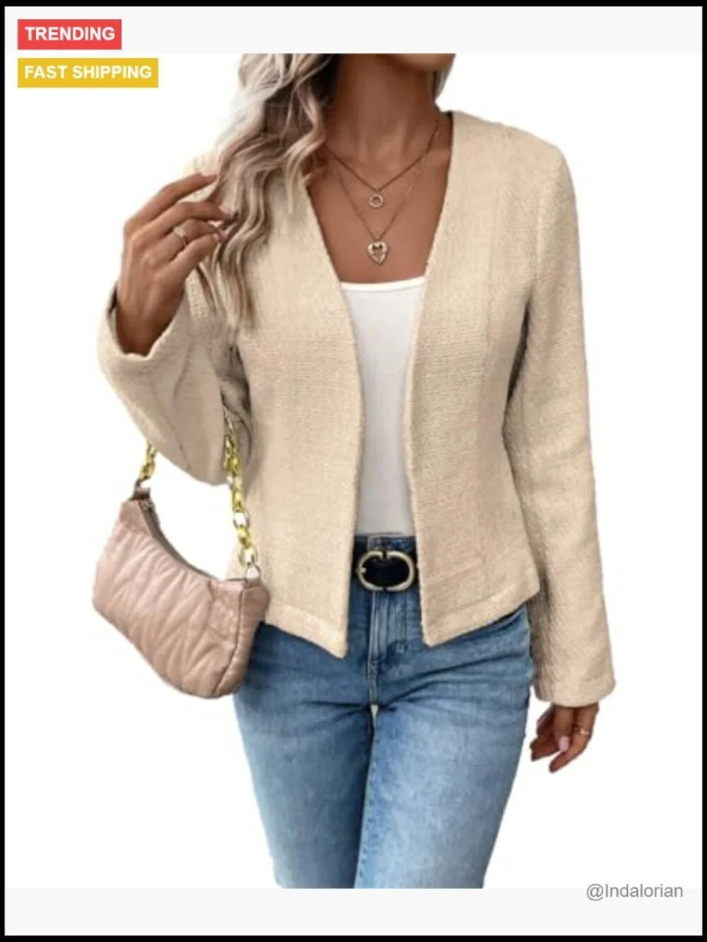 Tweed Blazer Jacket Collarless Open Front Slim Fit Work Casual